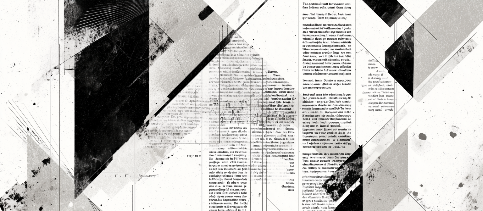 Composition graphique abstraite en noir et blanc mêlant fragments de textes imprimés, formes géométriques diagonales et textures usées, évoquant un manifeste visuel et une réflexion sur l’écriture dans les arts plastiques.