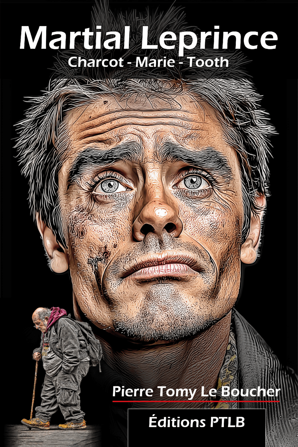 Portrait illustré d’un homme au visage marqué, regard levé et expression mélancolique, accompagné d’une silhouette miniature marchant avec une canne.