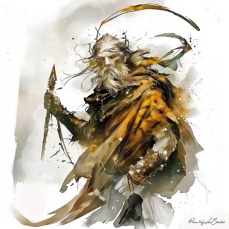 Peinture sur toile représentant Céos, divinité grecque personnifiée de l’intelligence lumineuse et de l’astrologie, figure masculine âgée tenant un bâton, drapée d’étoiles dans un style de peinture contemporaine inspirée de la mythologie grecque.