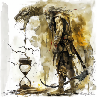 Peinture sur toile représentant une divinité grecque personnifiée du temps, figure masculine vieillissante accompagnée d’un serpent et d’un sablier, interprétation contemporaine de la mythologie grecque.