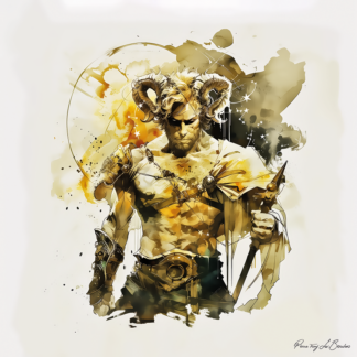 Peinture sur toile représentant Crios, divinité grecque personnifiée du Zodiaque, figure masculine cornue tenant un sceptre dans un style de peinture contemporaine inspirée de la mythologie grecque.