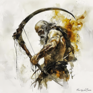 Peinture sur toile représentant Cronos, divinité grecque personnifiée du temps, figure masculine âgée tenant une grande faux dans un style de peinture contemporaine inspirée de la mythologie grecque.