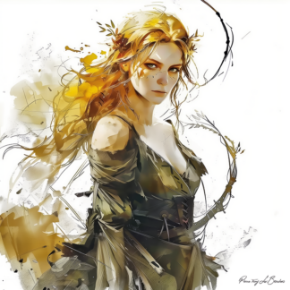 Peinture sur toile représentant Héméra, divinité grecque personnifiée du jour, jeune femme lumineuse aux teintes dorées et végétales, dans un style de peinture contemporaine inspirée de la mythologie grecque.