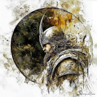 Peinture sur toile représentant Hypérion, divinité grecque personnifiée de la lumière céleste, figure masculine casquée dans un style de peinture contemporaine inspirée de la mythologie grecque.