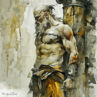 Peinture sur toile représentant Japet, divinité grecque personnifiée de la vigueur et de l’effort, figure masculine musclée appuyée contre une colonne dans un style de peinture contemporaine inspirée de la mythologie grecque.