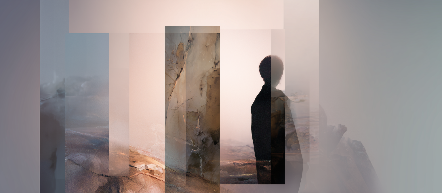 Silhouette humaine de dos face à un paysage minéral abstrait, composée de strates translucides évoquant le temps, la mémoire et la perception du réel.