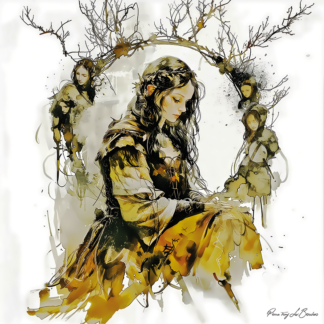 Peinture sur toile représentant Mnémosyne, divinité grecque personnifiée de la mémoire, figure féminine méditative entourée de silhouettes dans un style de peinture contemporaine inspirée de la mythologie grecque.