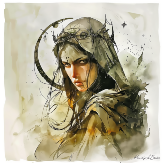 Peinture sur toile représentant Phoebé, divinité grecque personnifiée de la lumière lunaire et du clair-obscur, figure féminine encapuchonnée entourée d’un croissant de lune dans un style de peinture contemporaine inspirée de la mythologie grecque.