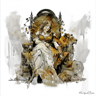 Peinture sur toile représentant Rhéa, divinité grecque personnifiée de la maternité et de la souveraineté, assise sur un trône entourée de lions, dans un style de peinture contemporaine inspirée de la mythologie grecque.