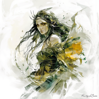 Peinture sur toile représentant Téthys, divinité grecque personnifiée des eaux douces et des courants, figure féminine aux yeux lumineux entourée de motifs aquatiques, dans un style contemporaine inspirée de la mythologie grecque.