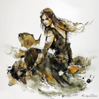 Peinture sur toile représentant Thalassa, divinité grecque personnifiée de la mer, figure féminine entourée de coquillages, poissons et éclaboussures aquatiques dans un style de peinture contemporaine inspirée de la mythologie grecque.