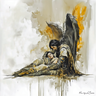 Peinture sur toile représentant Thanatos, divinité grecque personnifiée de la mort, figure masculine ailée tenant une femme endormie dans un style de peinture contemporaine inspirée de la mythologie grecque.