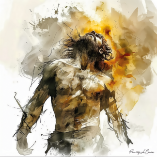 Peinture sur toile représentant une divinité grecque personnifiée sous forme de corps masculin expressif, figure mythologique en tension, traitée dans un style contemporain et abstrait aux tons ocres et dorés.