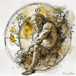 Peinture sur toile représentant une divinité grecque personnifiée, figure masculine assise inscrite dans un cercle symbolique, évocation du temps cyclique et de l’ordre cosmique en art contemporain.