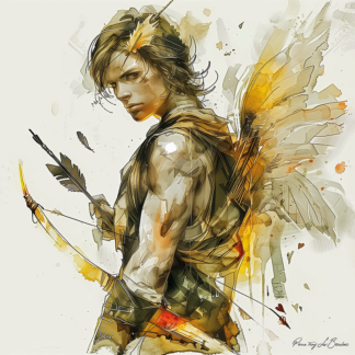 Peinture sur toile représentant une divinité grecque personnifiée de l’amour, jeune archer mythologique tenant un arc et un carquois, dans un style contemporain.