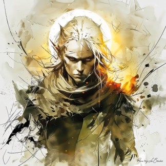 Peinture sur toile représentant Éther, divinité grecque personnifiée de la lumière céleste, figure mythologique au regard intense entourée d’un halo lumineux, dans un style de peinture contemporaine inspirée de la mythologie grecque.