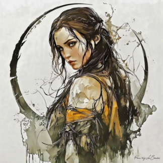 Peinture sur toile représentant Gaïa, déesse grecque personnifiée de la Terre, jeune femme au regard intense inscrite dans un cercle symbolique, dans un style de peinture contemporaine inspirée de la mythologie grecque.