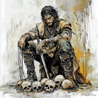 Peinture sur toile représentant Moros, divinité grecque personnifiée de la fatalité, figure masculine sombre entourée de crânes et d’une épée, dans un style de peinture contemporaine inspirée de la mythologie grecque.