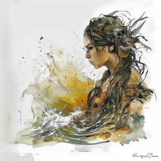 Peinture sur toile représentant Nésoï, divinité grecque personnifiée des îles, figure féminine associée à la mer et aux rivages dans un style de peinture contemporaine inspirée de la mythologie grecque.