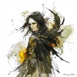 Peinture sur toile représentant Nyx, divinité grecque personnifiée de la nuit, figure féminine sombre entourée de ténèbres et d’éclats lumineux dans un style de peinture contemporaine inspirée de la mythologie grecque.