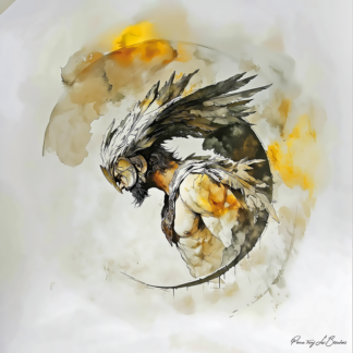 Peinture sur toile représentant Phanès, divinité grecque personnifiée de la lumière primordiale, figure ailée entourée d’un halo circulaire dans un style de peinture contemporaine inspirée de la mythologie grecque.