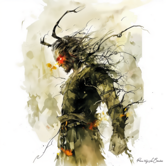 Peinture sur toile représentant Tartare, divinité grecque personnifiée des profondeurs infernales, figure masculine sombre aux yeux rougeoyants et aux branches tortueuses, dans un style de peinture contemporaine inspirée de la mythologie grecque.