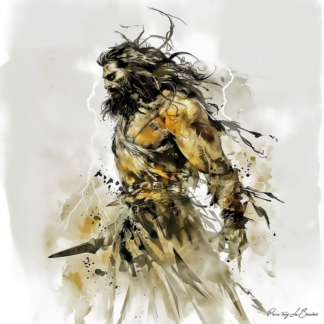Alcyonée – divinité grecque personnifiée associée aux tempêtes et aux forces marines, figure mythologique masculine puissante entourée d’éclairs et d’énergie, peinture inspirée de la mythologie grecque.