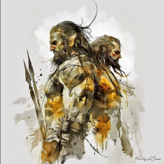 Aloades (Otos et Éphialtès) – divinité grecque personnifiée des géants rebelles, deux figures mythologiques puissantes représentées dos à dos avec des armes, peinture inspirée de la mythologie grecque.