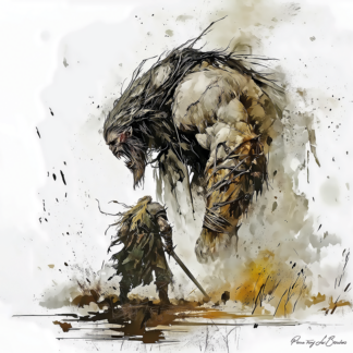 Alpos – divinité grecque personnifiée du géant mythologique affrontant un héros, scène épique de combat dans une peinture inspirée de la mythologie grecque.