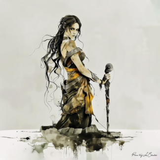 Anchialé, divinité grecque personnifiée liée aux origines et aux forces primordiales, représentée en peinture sur toile dans une interprétation contemporaine aux tonalités dorées et symboliques.