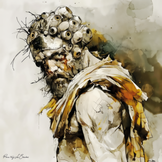 Argos – divinité grecque personnifiée du gardien aux cent yeux, figure mythologique masculine portant une couronne d’yeux symboliques, peinture inspirée de la mythologie grecque.