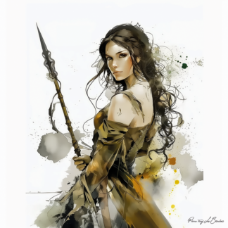 Asia – divinité grecque personnifiée représentant l’Asie, figure mythologique féminine tenant une lance, peinture artistique contemporaine inspirée de la mythologie grecque et de l’iconographie antique.