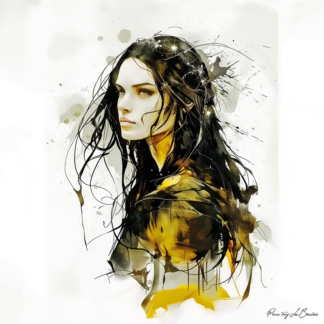 Asteria – divinité grecque personnifiée associée aux étoiles et au ciel nocturne, portrait féminin mythologique aux reflets dorés et noirs, peinture inspirée de la mythologie grecque et de l’iconographie antique.