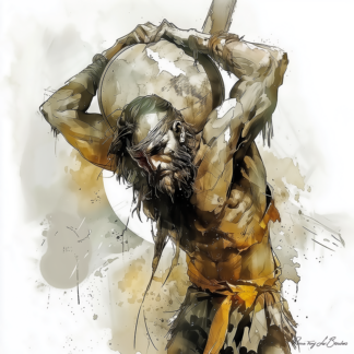 Atlas – divinité grecque personnifiée portant la voûte céleste, figure mythologique masculine soutenant le monde sur ses épaules, peinture inspirée de la mythologie grecque et du Titan Atlas.