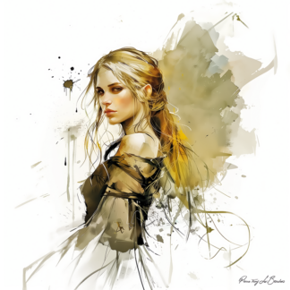 Aura – divinité grecque personnifiée de la brise légère, portrait féminin mythologique aux cheveux dorés emportés par le vent, peinture inspirée de la mythologie grecque et des figures allégoriques.