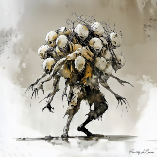 Biarée – divinité grecque personnifiée de l’Hécatonchire aux cent bras, créature mythologique aux multiples têtes et membres dans une peinture sombre inspirée de la mythologie grecque.