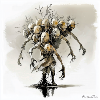 Cottos – divinité grecque personnifiée de l’Hécatonchire aux multiples bras, créature mythologique sombre et tentaculaire dans une peinture inspirée de la mythologie grecque.