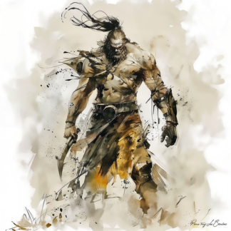 Damasène – divinité grecque personnifiée du géant mythologique, guerrier puissant armé dans une peinture inspirée de la mythologie grecque et de la Gigantomachie.