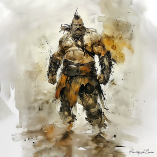 Damysos – divinité grecque personnifiée du géant rapide de la mythologie grecque, guerrier massif représenté dans une peinture mythologique expressive.