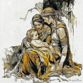 Dioné – divinité grecque personnifiée de la maternité divine, figure féminine mythologique tenant un enfant, peinture inspirée de la mythologie grecque et des représentations du panthéon antique.