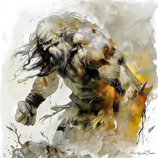 Encelade – divinité grecque personnifiée du géant rebelle et des forces souterraines, figure mythologique masculine puissante entourée d’éclats et de mouvements telluriques, peinture inspirée de la mythologie grecque.