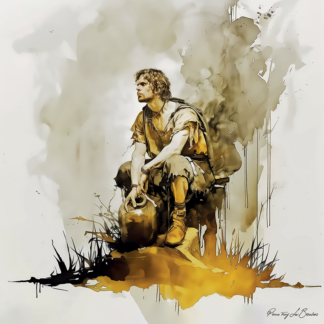 Épiméthée – divinité grecque personnifiée de la réflexion tardive, figure mythologique masculine assise tenant une jarre, peinture inspirée de la mythologie grecque et des récits du mythe de Pandore.