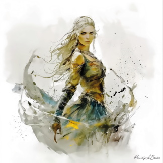 Eurybie – divinité grecque personnifiée de la puissance de la mer, figure féminine mythologique aux mouvements fluides évoquant les vagues, peinture inspirée de la mythologie grecque.