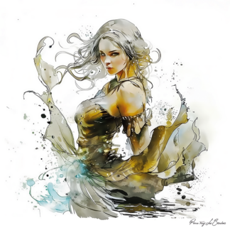 Eurynomé – divinité grecque personnifiée des eaux primordiales, figure féminine mythologique entourée de mouvements fluides évoquant la mer, peinture inspirée de la mythologie grecque.