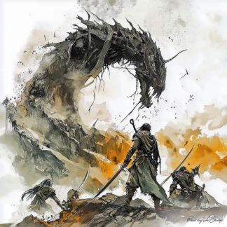 Gêgènes – divinité grecque personnifiée des géants nés de la Terre, créature serpentine gigantesque affrontant des guerriers, peinture inspirée de la mythologie grecque.