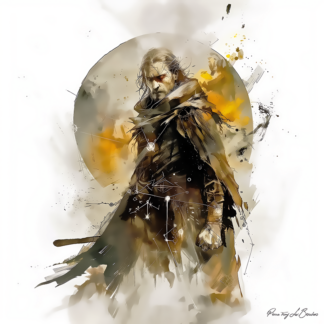 Hécatéros – divinité grecque personnifiée de la puissance et de l’action divine, figure masculine mythologique entourée de symboles célestes, peinture inspirée de la mythologie grecque.