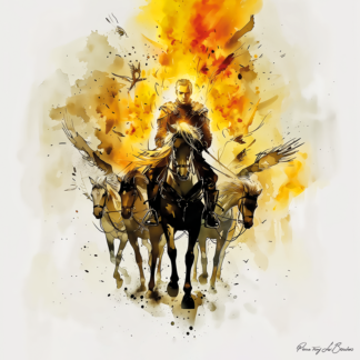 Hélios – divinité grecque personnifiée du Soleil, figure mythologique masculine avançant avec des chevaux solaires, peinture inspirée de la mythologie grecque et du char du soleil.