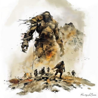 Lestrygon – divinité grecque personnifiée d’un géant cannibale de la mythologie grecque, figure monumentale affrontant des voyageurs dans une scène épique inspirée de l’Odyssée.