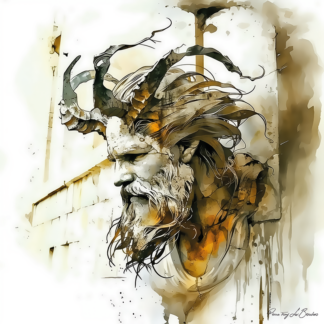 Peinture sur toile représentant Océan, divinité grecque personnifiée des eaux primordiales entourant le monde, figure masculine cornue dans une interprétation contemporaine de la mythologie grecque.