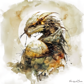 Ophion – divinité grecque personnifiée primordiale liée au serpent cosmique, créature mythologique serpentine entourée d’une aura lumineuse, peinture inspirée de la cosmogonie grecque.